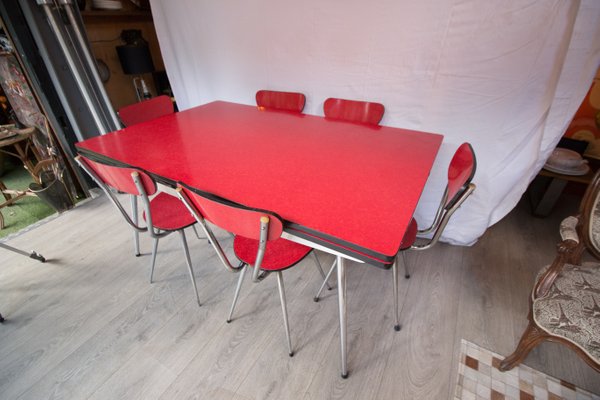 Red Formica Dining Table Chairs Set 1960s Set Of 7