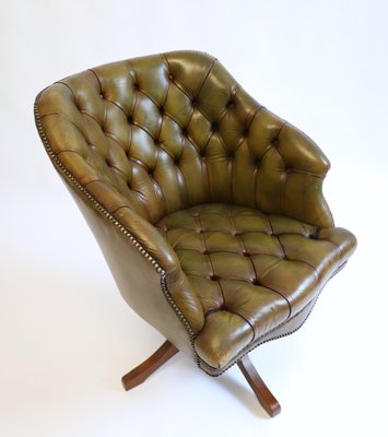 Vintage English Olive Green Leather, Swivel Chair Leather