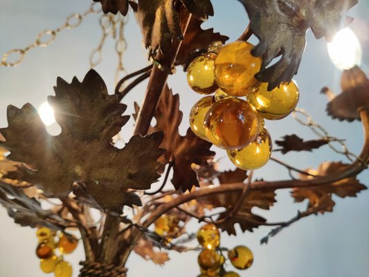 Lustre En Pâte De Verre Et Fer Forgé – Déco Feuilles De Vigne Et Raisins – Bon état