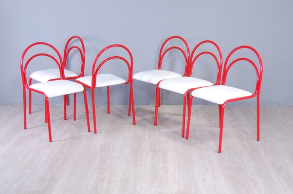White Leather Dining Chairs 1950s Set, Red Metal Dining Chairs