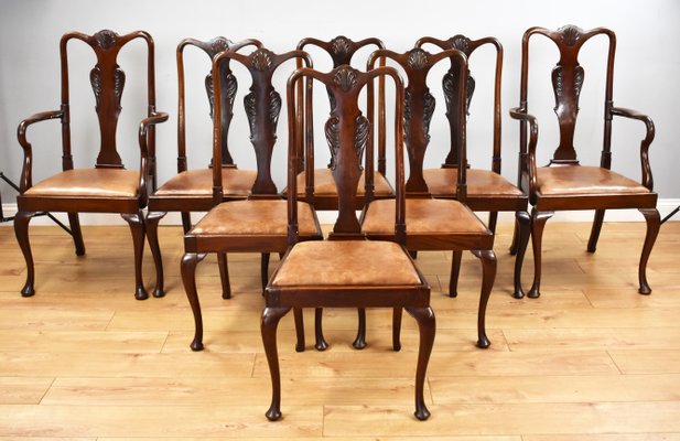 Antique Queen Anne Style Mahogany Dining Chairs 1920s Set Of 8 Bei Pamono Kaufen