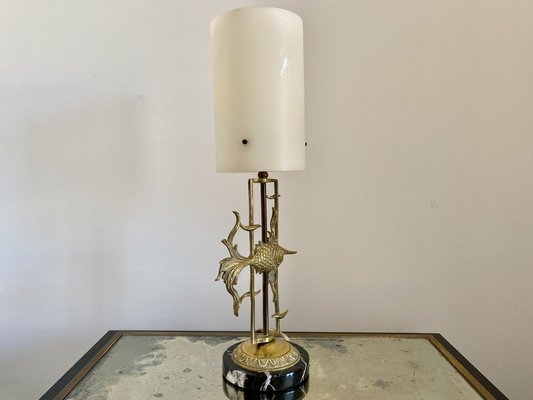 Mid Century Brass Fish With Marble Base, Marble Base Table Lamp