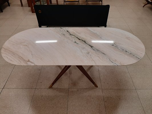 Solid Wood And Brass Dining Table With White Marble Top 1950s For Sale At Pamono