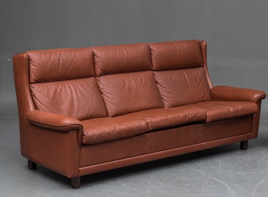 Danish 3 Seater High Back Sofa 1970s, High Back Leather Sofa