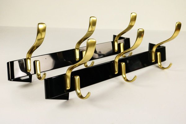 Vintage Brass and Black Wall Coat Racks, 1950s, Set of 2 for sale at Pamono