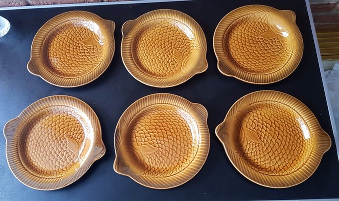 Set Of 6 Beautiful Vintage French  Digoin Sarreguemines Fish Side Plates ~ Mid 20th Century ~ Val De Loire