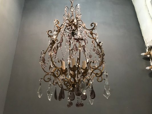 Vintage Crystal Beaded Chandelier with Murano Glass Pendant Drops Vintage Crystal Beaded Chandelier with Murano Glass Pendant Drops
