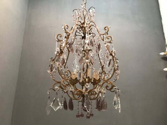 Vintage Crystal Beaded Chandelier with Murano Glass Pendant Drops Vintage Crystal Beaded Chandelier with Murano Glass Pendant Drops