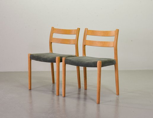 Danish Solid Beech and Gray Velvet Model 84 Dining Chairs by Niels 
