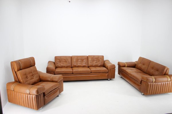 Cognac Leather 1970s Set, Cognac Leather Sofa Living Room