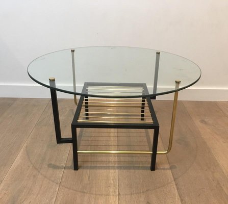 French Black Lacquered And Brass Round, Black Glass Top Coffee Table Round