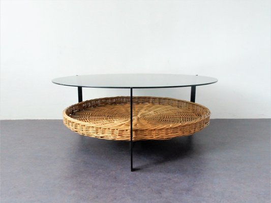 Vintage Dutch Metal Wicker And Glass Top Coffee Table - Rattan Coffee Table With Glass Top Vintage Dutch Metal Wicker And Glass Top Coffee Table - Rattan Coffee Table With Glass Top