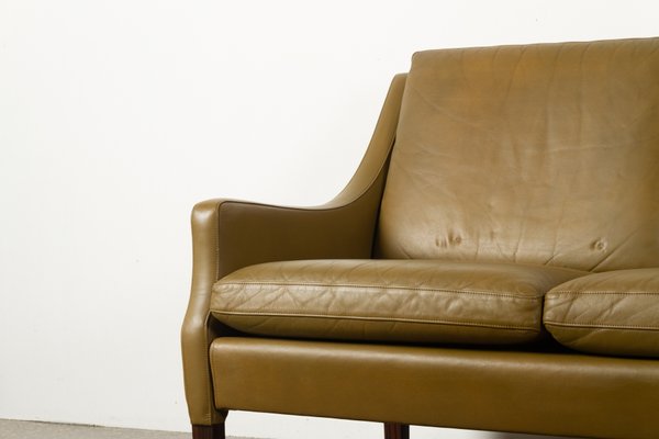 Vintage Danish Olive Green Leather Sofa, Comfortable Leather Sofa