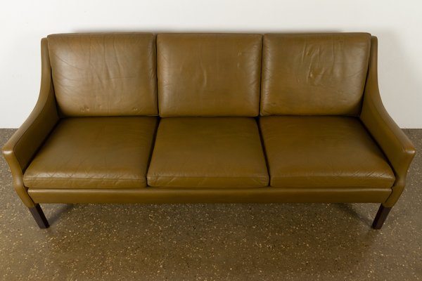 Vintage Danish Olive Green Leather Sofa, Mid Century Leather Sofa Uk