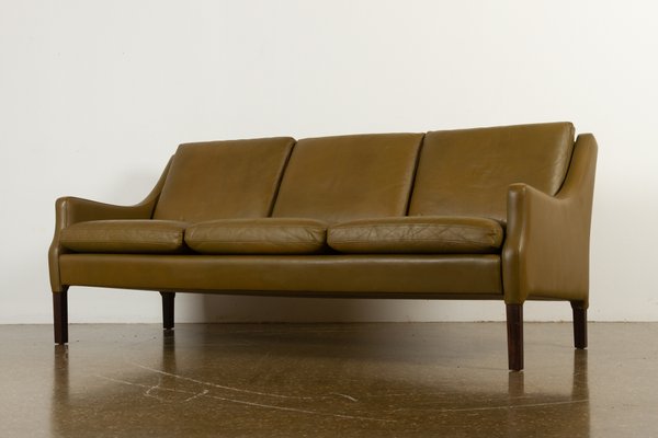 Vintage Danish Olive Green Leather Sofa, Express Delivery Leather Sofas