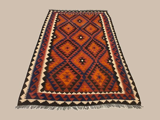 Black Tribal Wool Kilim Rug 1960s, Brown And Orange Rug
