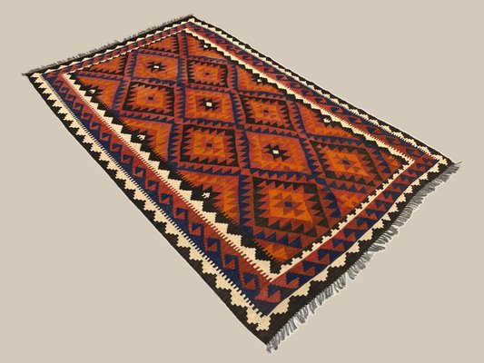 Black Tribal Wool Kilim Rug 1960s, Red Orange Rug