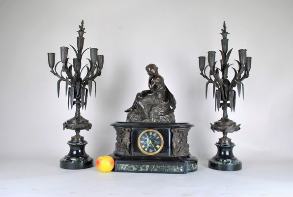 19th Century Bronze and Marble Clock and Candleholders by James Pradier, Set  of 3 for sale at Pamono