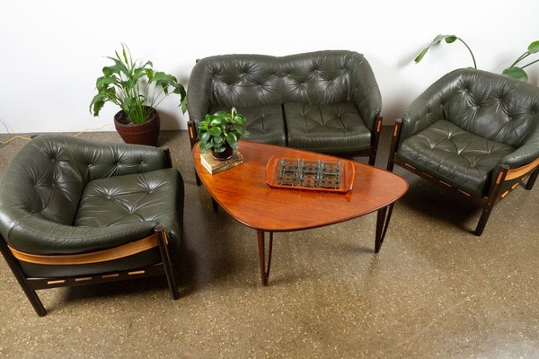 Vintage Green Leather Living Room Set, Vintage Leather Living Room Set