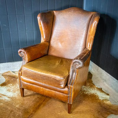 Vintage Brown Leather Wing Chair For, Leather Wing Back