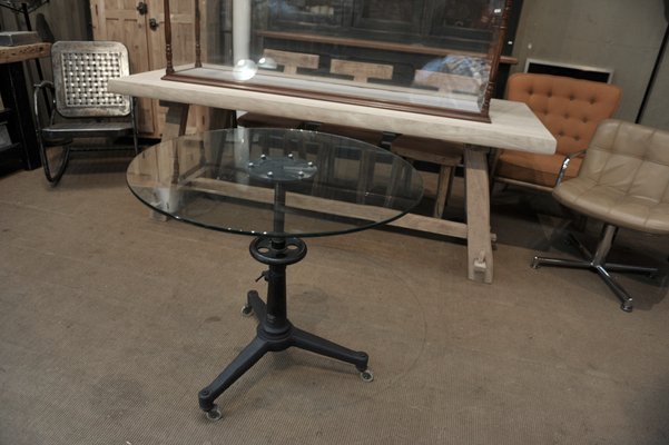Industrial Adjustable Metal And Glass Round Dining Table 1940s Bei Pamono Kaufen