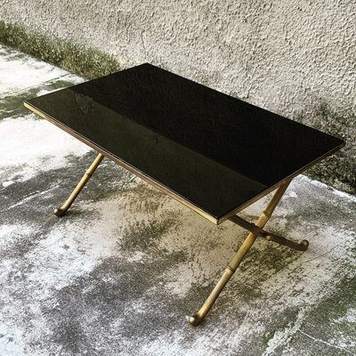 Italian Gilt Brass Faux Bamboo Coffee Table with Black Opaline