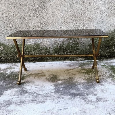 Italian Gilt Brass Faux Bamboo Coffee Table with Black Opaline Glass Top 1960s