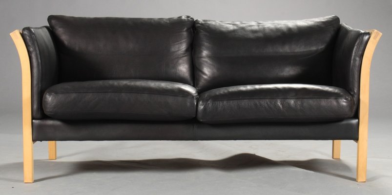 2 Seater Black Leather Sofa 1970s, 80 Leather Sofa