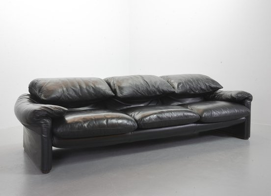 Black Leather 3 Seater Maralunga Sofa By Vico Magistretti For Cassina 1970s For Sale At Pamono