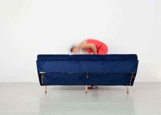 Deep Blue Velvet 3-Seater Sofa by Marco Zanuso for Arflex, 1950s