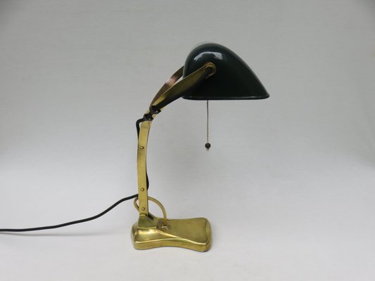 Lampe de Banquier Antique Art Nouveau en Laiton Émaillé avec Abat