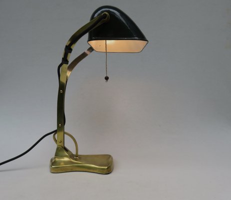 Antique Art Nouveau Enameled Brass, Bankers Lamp Green Shade