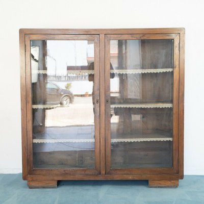 Vintage Wood And Glass Display Cabinet, Small Wooden Display Cabinet With Glass Doors