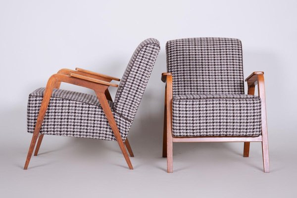 Mid Century Czech Brown Beech, Arm Chairs Upholstered