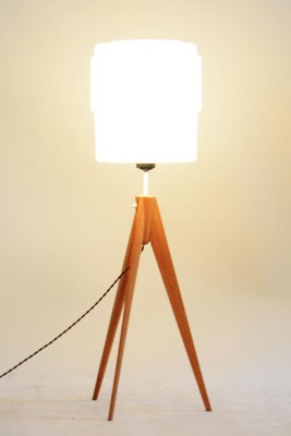 Mid Century Oak & Milk Glass Floor Lamp, 1950s Mid Century Oak & Milk Glass Floor Lamp, 1950s