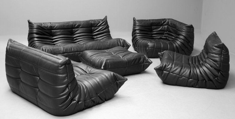 Vintage Black Leather Togo Sofa Set By Michel Ducaroy For Ligne Roset