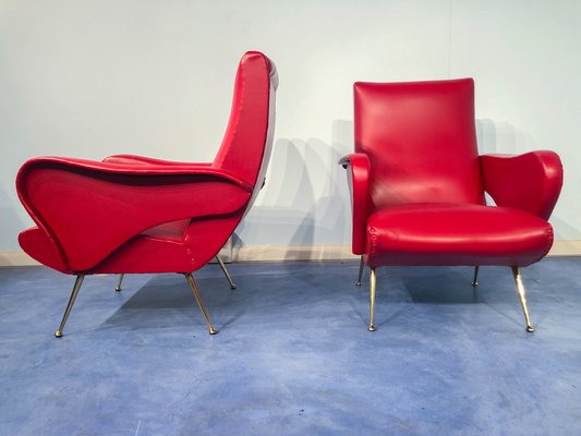 Mid Century Italian Red Vinyl Lounge Chairs in the Style of Nino