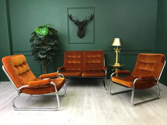 Vintage Metal 2 Seater Sofa And Armchairs Set From Blue Ribbon For Sale At Pamono