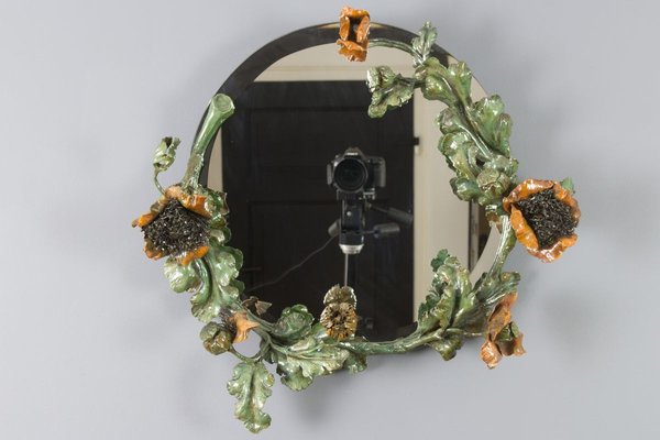 Art Nouveau Round Wrought Iron Poppies, Round Wrought Iron Mirror