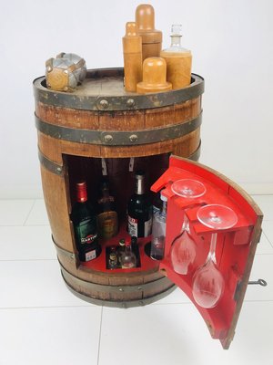 Antique Oak And Brass Barrel Wine Or, Mini Liquor Cabinet With Lock