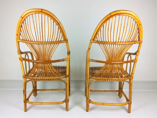 Large Vintage Bamboo Rattan Lounge Chairs 1960s Set of 2 for