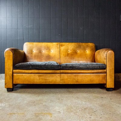 Vintage Art Deco Style Leather Sofa, Vintage Style Brown Leather Sofa
