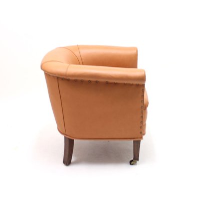 Brown Leather Club Chair On Castors, Brown Leather Club Chair And Ottoman