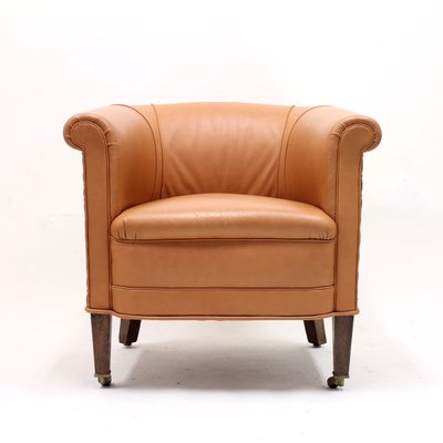 Brown Leather Club Chair On Castors, Brown Leather Club Chairs