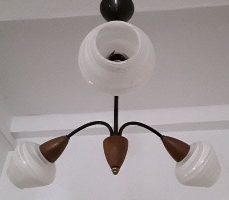 Vintage Black Lacquered Metal Frame Teak White Glass Shades Brass Finish 3 Arm Ceiling Lamp 1970s For At Pamono Brass Finish 3 Arm Ceiling Lamp 1970s, Black 3 Arm Ceiling Light