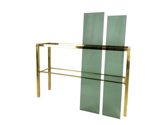Italian Brass Smoked Glass Console, Glass Console Table With Shelf Uk