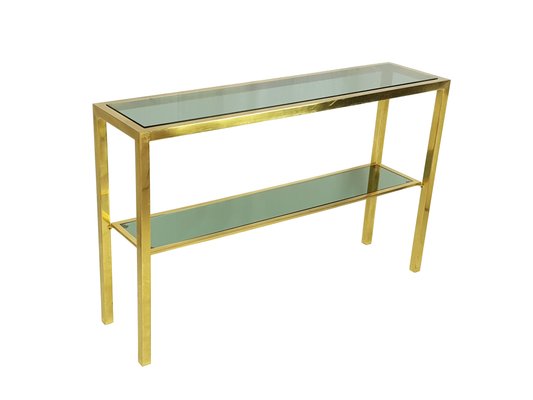 Italian Brass Smoked Glass Console, Glass Sofa Table With Shelf