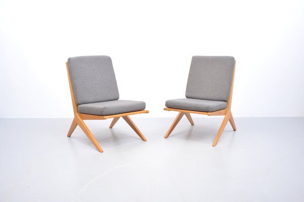 Mid Century Ash Scissor Chairs with Back Part in Sisal Attributed