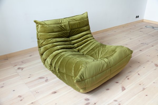 Vintage Olive Green Velvet Togo Lounge Chair And Ottoman Set By Michel Ducaroy For Ligne Roset 1970s For Sale At Pamono