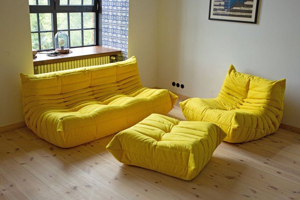 Yellow Microfiber Togo Lounge Chair, Pouf and 3-Seat Sofa by